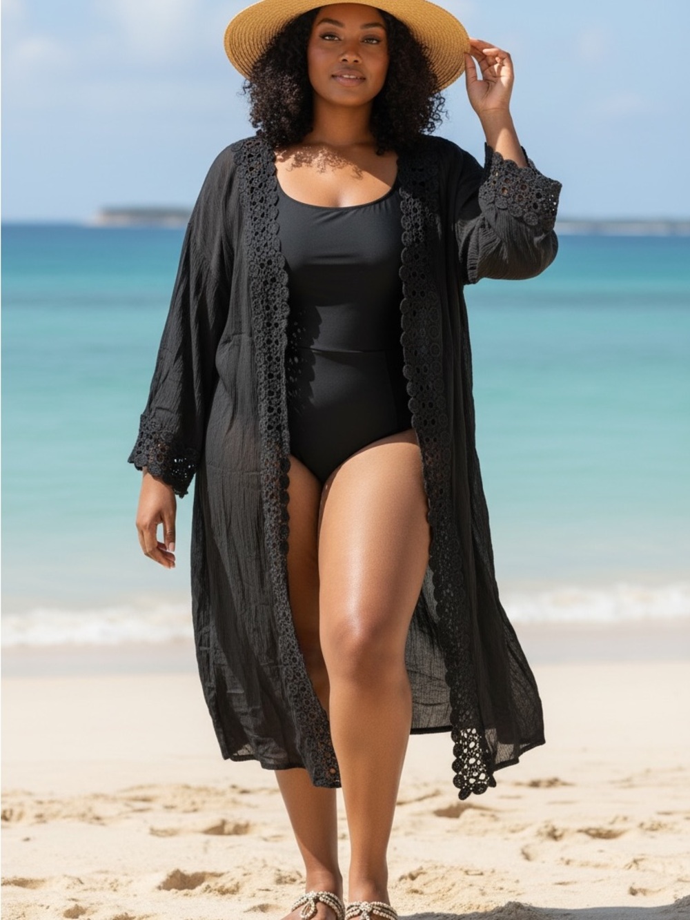 BloomChic Black Crochet-Trim Swim Kimono